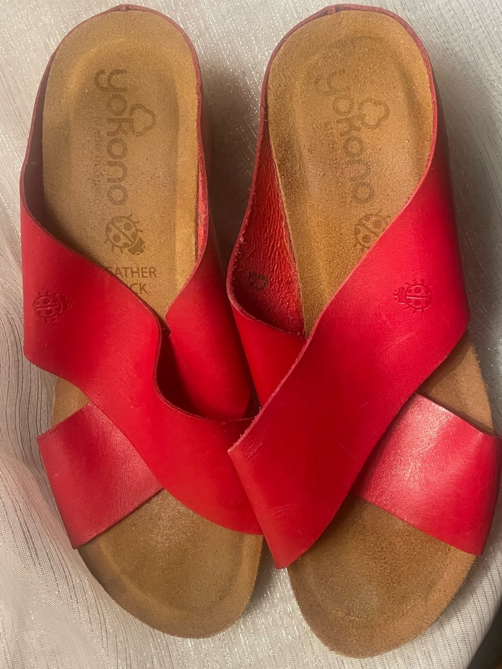 Yukono Camper Red Leather Crossover Slide Sandals for Women